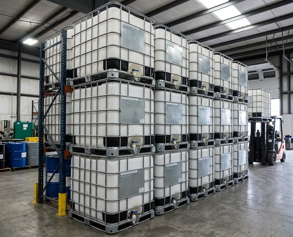 IBC totes stacked in warehouse