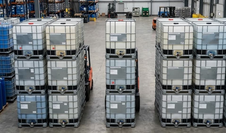 Rows of IBC totes with forklift