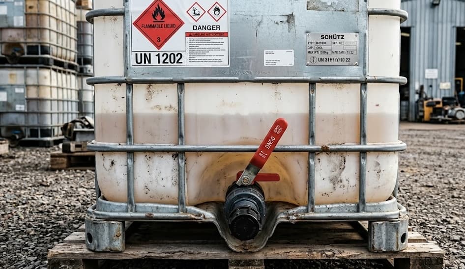 Close-up of IBC tote valve and data plate